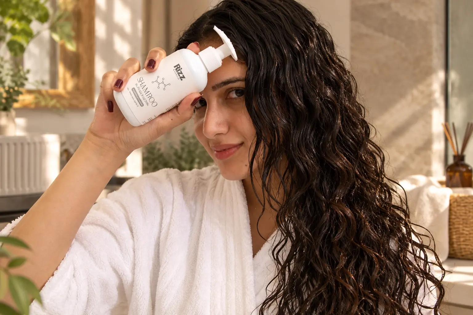 Model holding Rizz Rituals shampoo