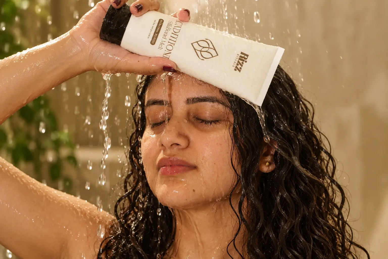 Model with Rizz Rituals conditioner under shower